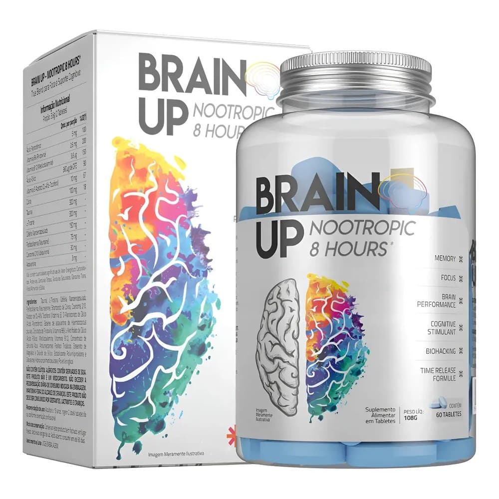 Brain Up Nootropic 8 Hours, caixa e frasco com 60 tabletes