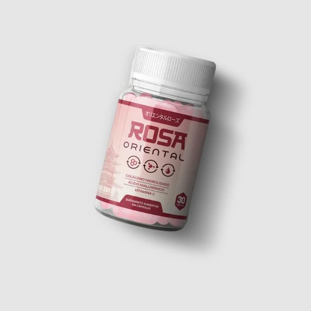 Rosa Oriental, 30 cápsulas com colágeno hidrolisado, ácido hialurônico e vitamina C